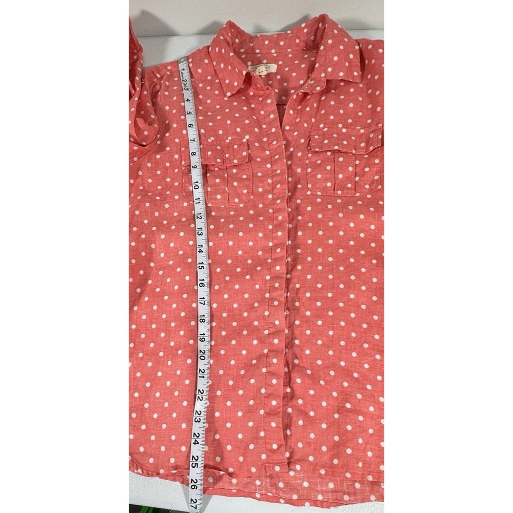 Charter Club Luxury Linen Shirt Womens M Coral Polka Dot Tab Sleeve Button Up - Picture 10 of 10